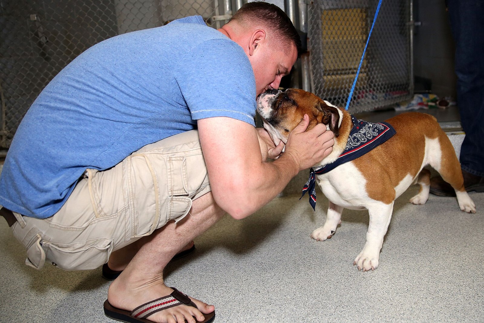 Family meeting a dog at an adoption event